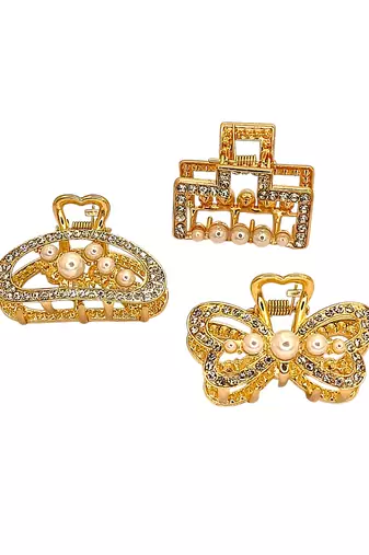Gold plated set of 3 cz embellished hair claw clip clutchers
