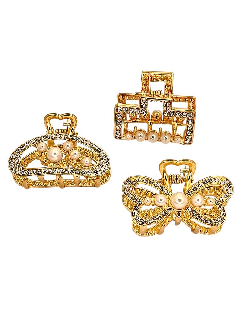 Gold plated set of 3 cz embellished hair claw clip clutchers