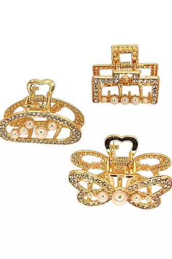 Gold plated set of 3 cz embellished hair claw clip clutchers