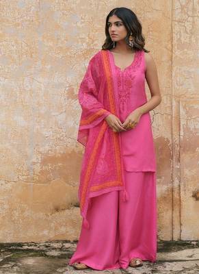  pink embroidered viscose silk kurta set with dupatta 1