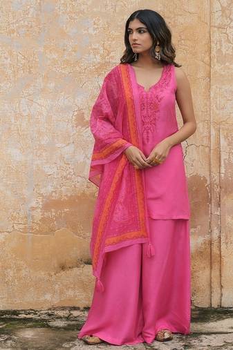   pink embroidered viscose silk kurta set with dupatta