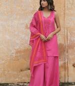   pink embroidered viscose silk kurta set with dupatta