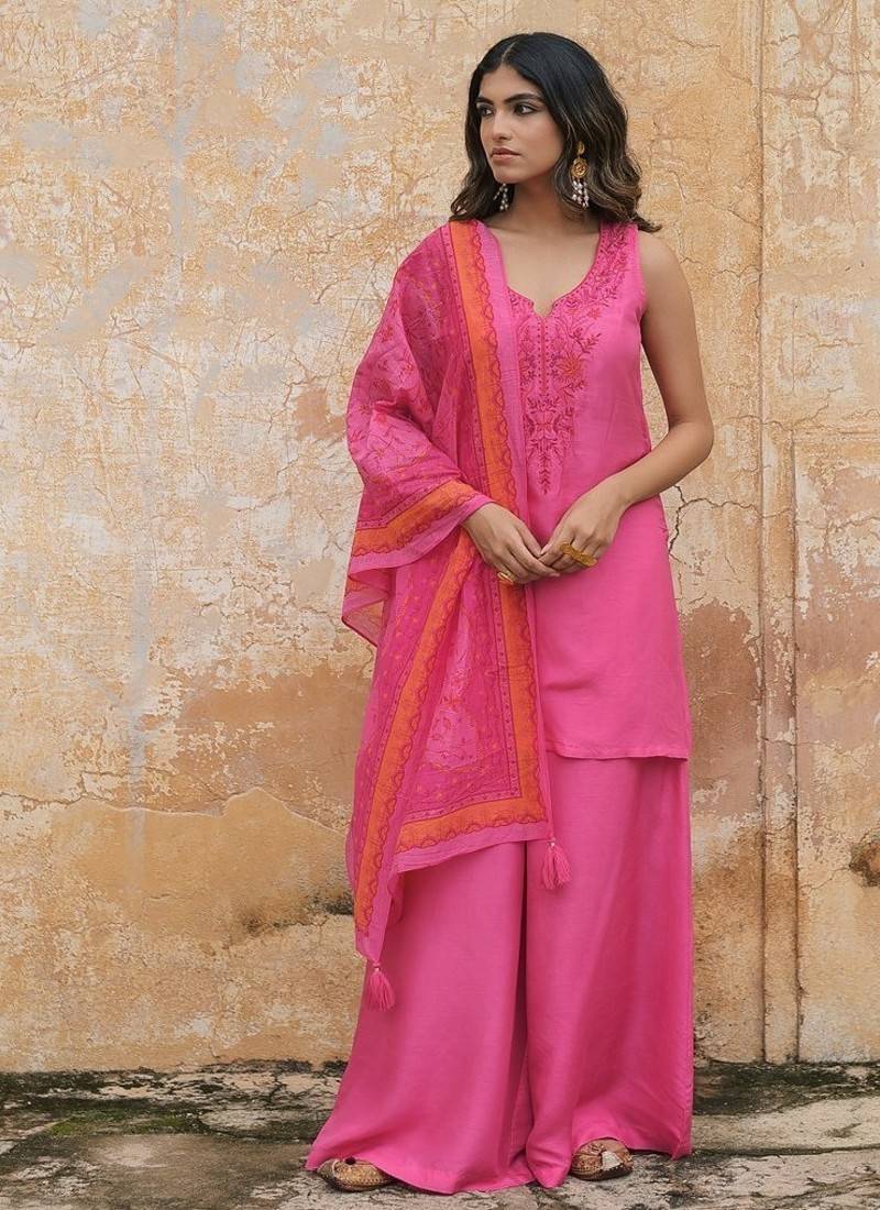  pink embroidered viscose silk kurta set with dupatta