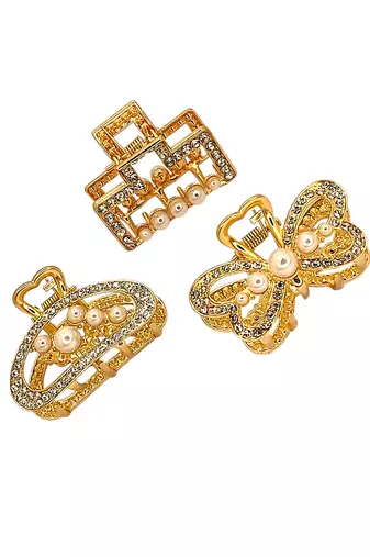 Gold plated set of 3 cz embellished hair claw clip clutchers