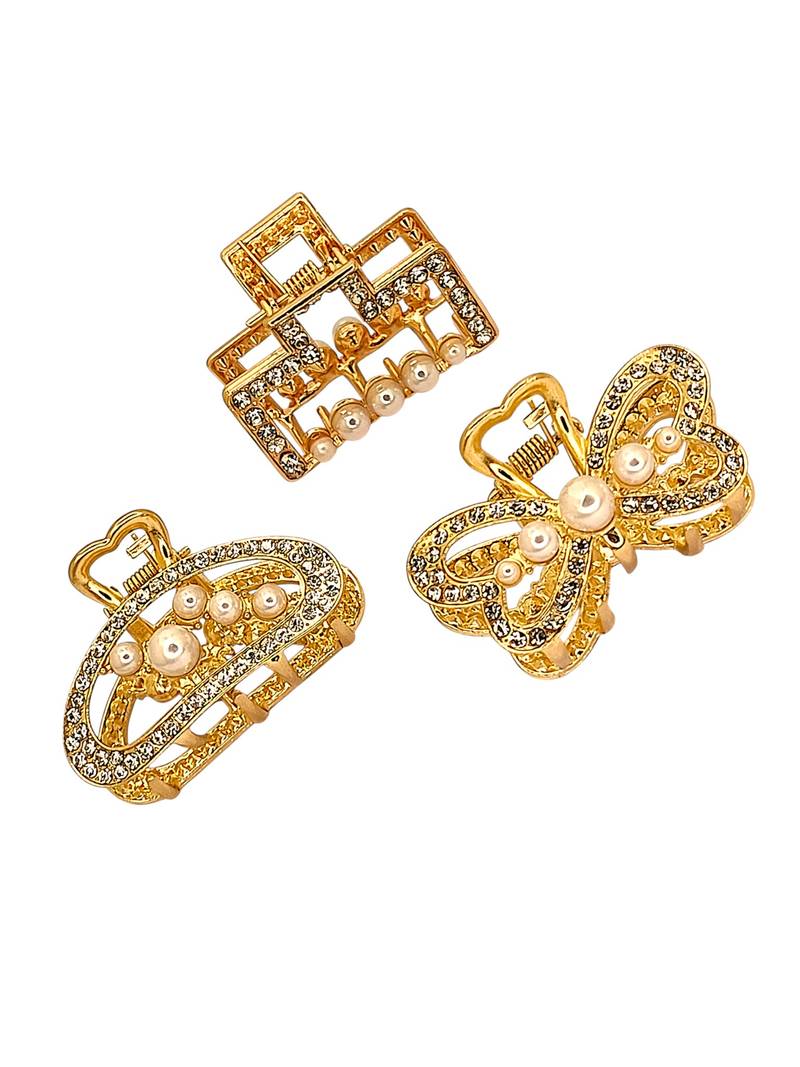 Gold plated set of 3 cz embellished hair claw clip clutchers