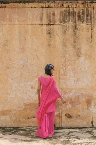   pink embroidered viscose silk kurta set with dupatta