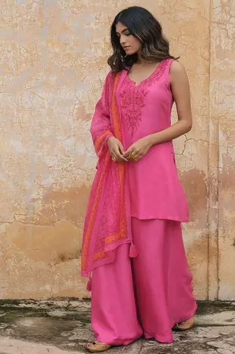   pink embroidered viscose silk kurta set with dupatta