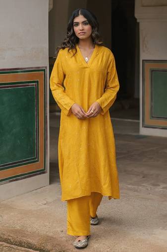   mustard embroidered viscose silk kurta set
