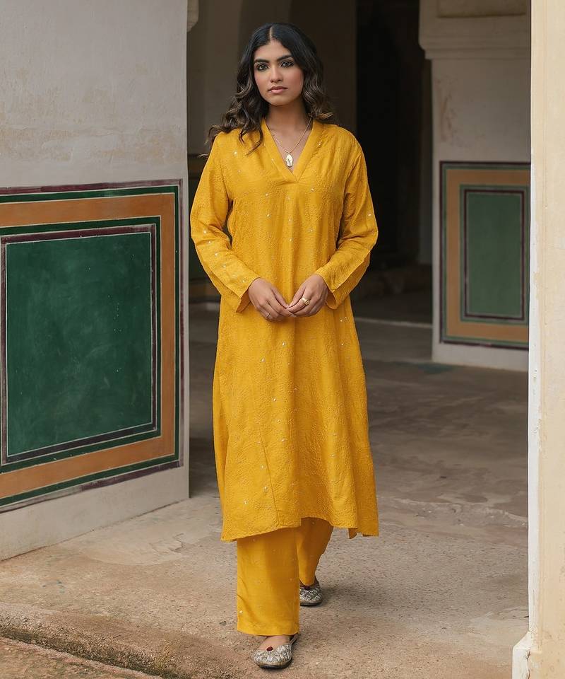   mustard embroidered viscose silk kurta set