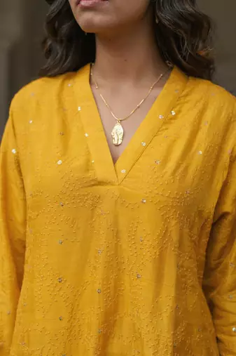   mustard embroidered viscose silk kurta set