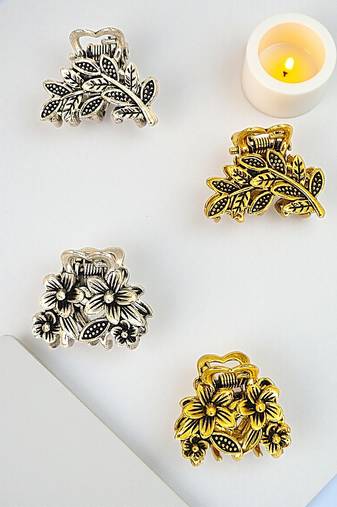Set of 4 multi tone leaf design metal hair claw clip
