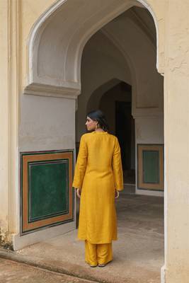   mustard embroidered viscose silk kurta set 3