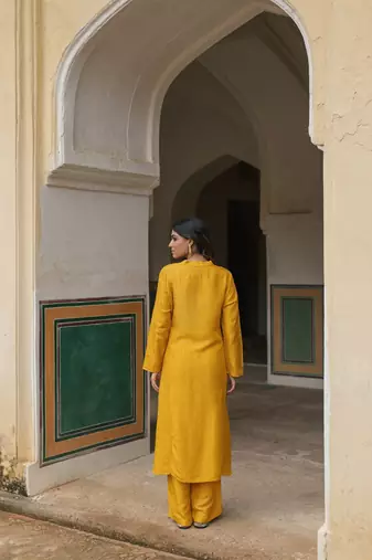   mustard embroidered viscose silk kurta set