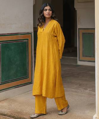   mustard embroidered viscose silk kurta set 4
