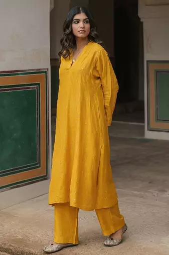   mustard embroidered viscose silk kurta set