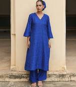 blue embroidered viscose silk kurta set