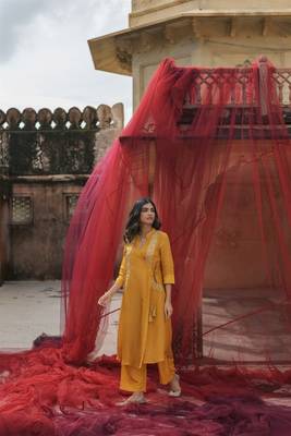 mustard embroidered tissue kurta set 1