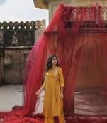 mustard embroidered tissue kurta set