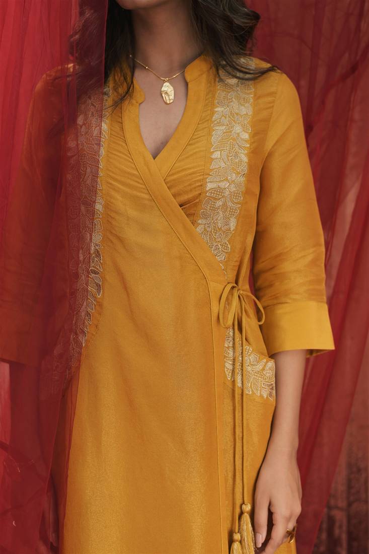 mustard embroidered tissue kurta set