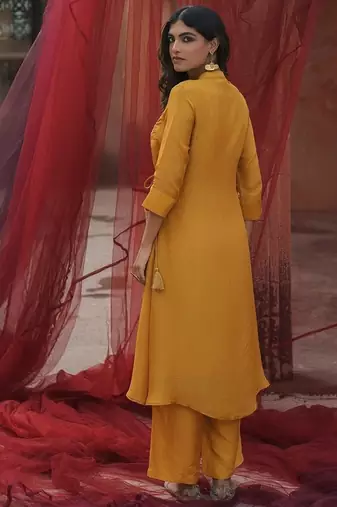 mustard embroidered tissue kurta set