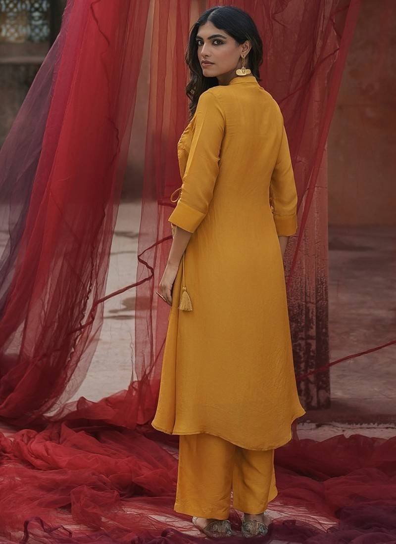 mustard embroidered tissue kurta set