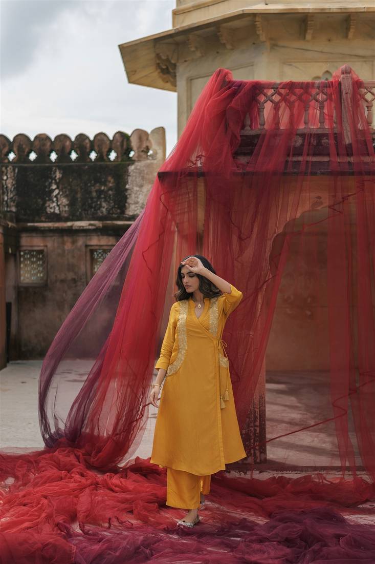 mustard embroidered tissue kurta set