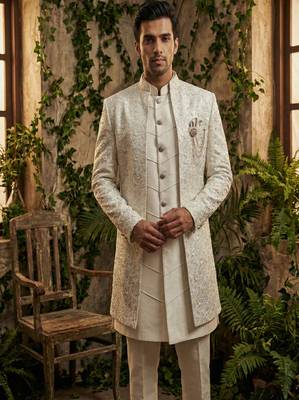 Ivory thread and sequins embroidered indowestern 3
