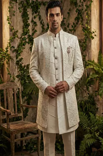 Ivory thread and sequins embroidered indowestern