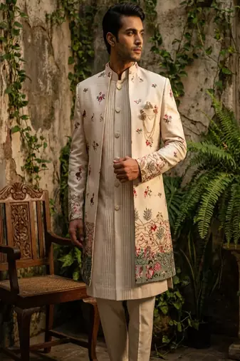 Light pink thread and sequins embroidered indowestern