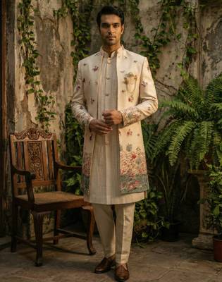 Light pink thread and sequins embroidered indowestern 1