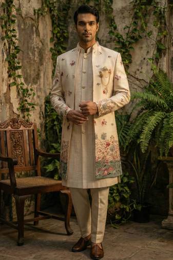 Light pink thread and sequins embroidered indowestern