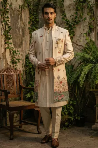 Light pink thread and sequins embroidered indowestern