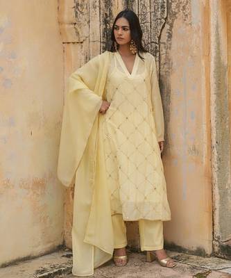light yellow embroidered pure cotton kurta set with dupatta 1