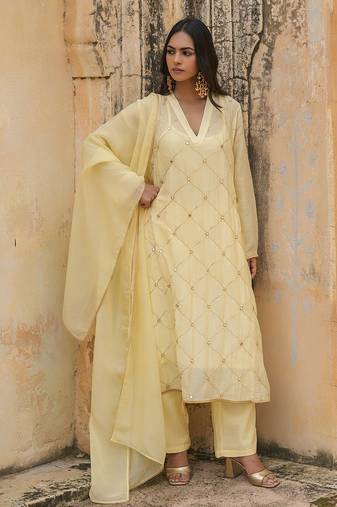 light yellow embroidered pure cotton kurta set with dupatta