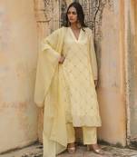 light yellow embroidered pure cotton kurta set with dupatta