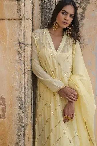 light yellow embroidered pure cotton kurta set with dupatta