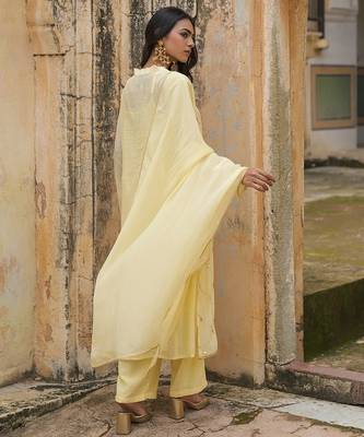 light yellow embroidered pure cotton kurta set with dupatta 3