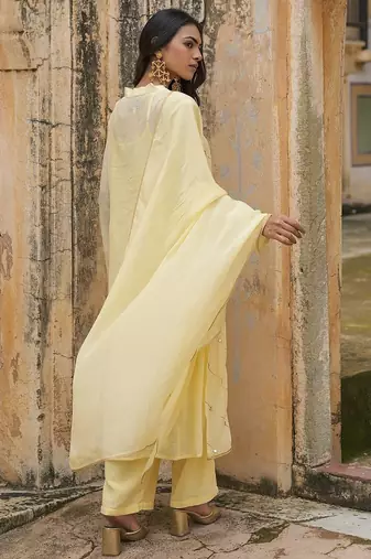 light yellow embroidered pure cotton kurta set with dupatta
