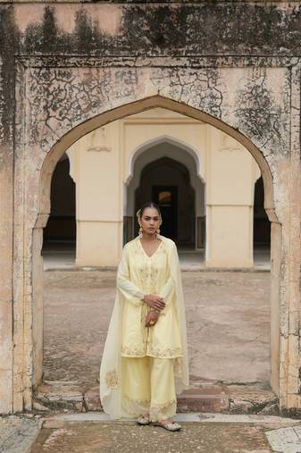   light yellow embroidered pure cotton kurta set with dupatta