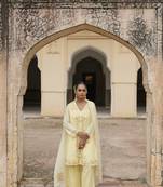   light yellow embroidered pure cotton kurta set with dupatta