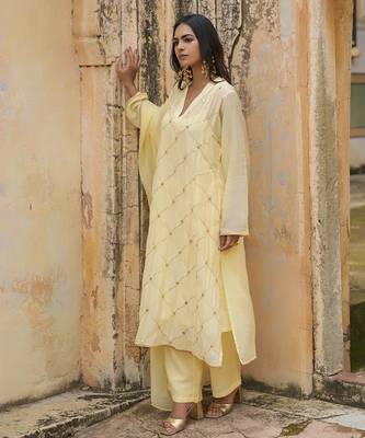 light yellow embroidered pure cotton kurta set with dupatta 4