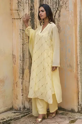 light yellow embroidered pure cotton kurta set with dupatta