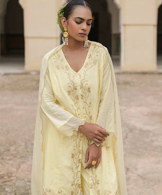   light yellow embroidered pure cotton kurta set with dupatta 2