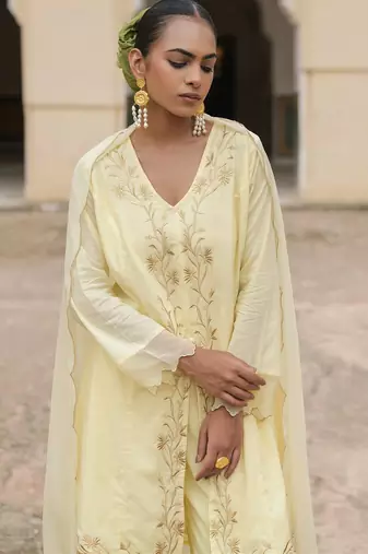   light yellow embroidered pure cotton kurta set with dupatta