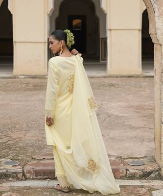   light yellow embroidered pure cotton kurta set with dupatta 3