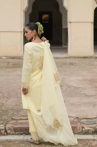   light yellow embroidered pure cotton kurta set with dupatta