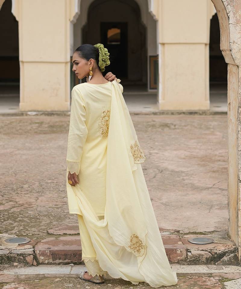   light yellow embroidered pure cotton kurta set with dupatta