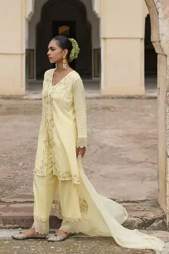   light yellow embroidered pure cotton kurta set with dupatta
