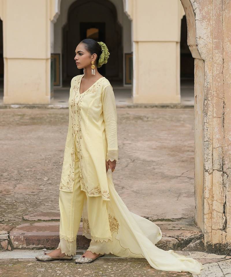   light yellow embroidered pure cotton kurta set with dupatta
