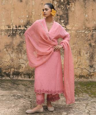 pink embroidered pure cotton kurta set with dupatta 1